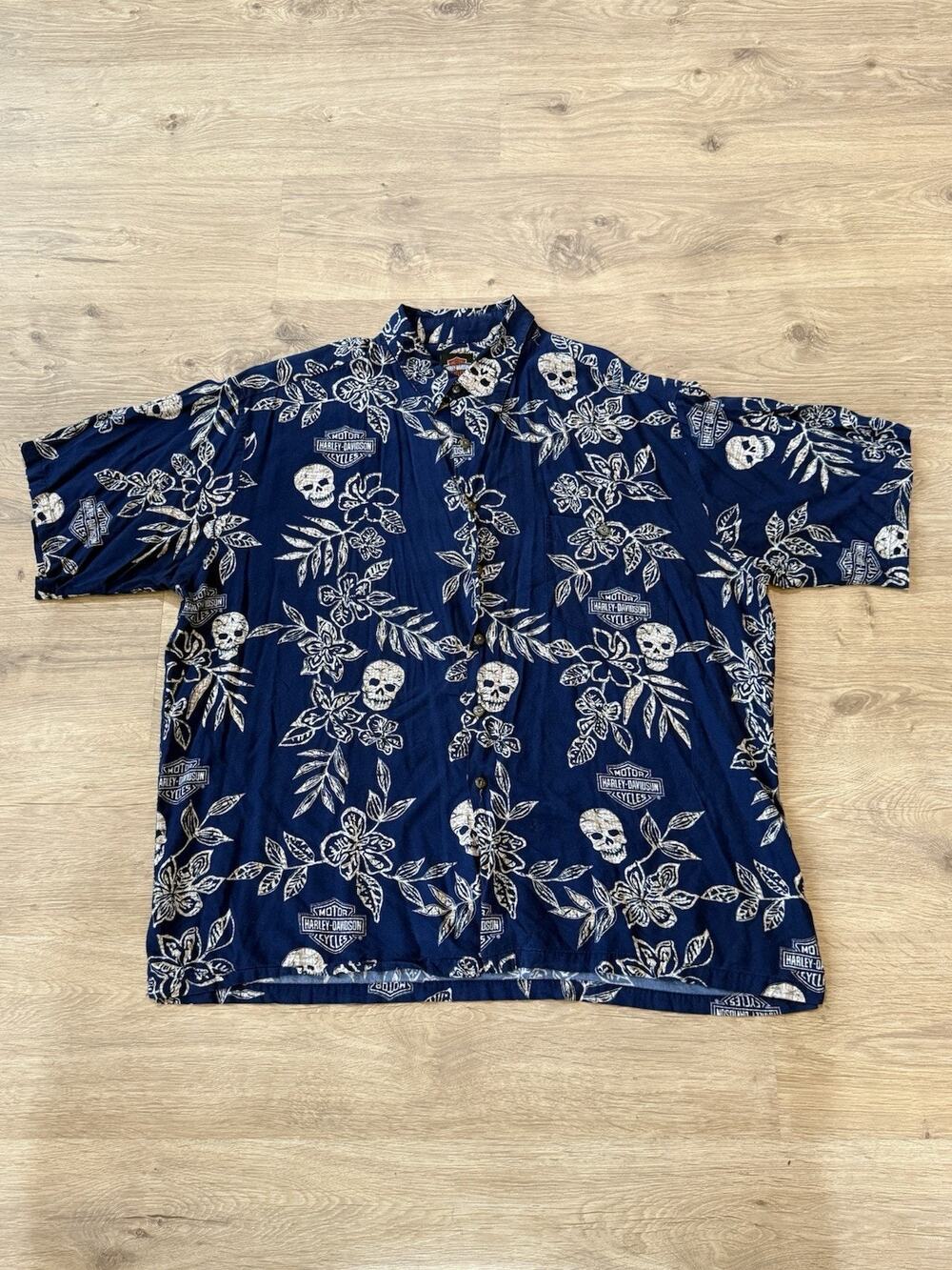 Harley-Davidson blue floral and skull print button-down Short Sleeves Shirt 2 XL